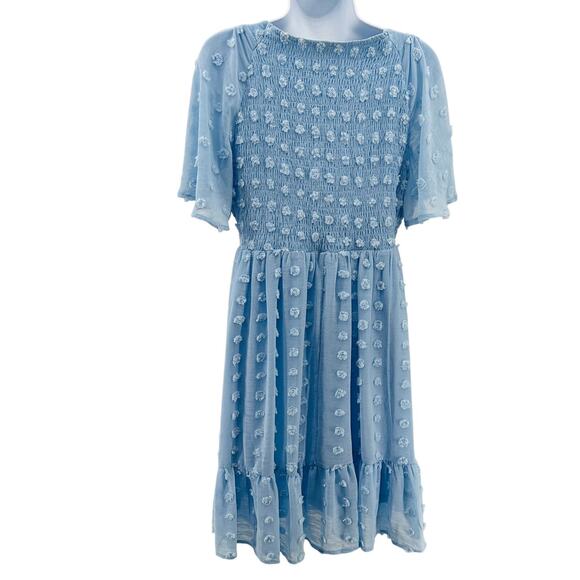 Jodifl Mini Dress M Baby Blue Smocked Swiss Dot Ruffle Hem Lined Flutter Sleeve - Picture 6 of 9
